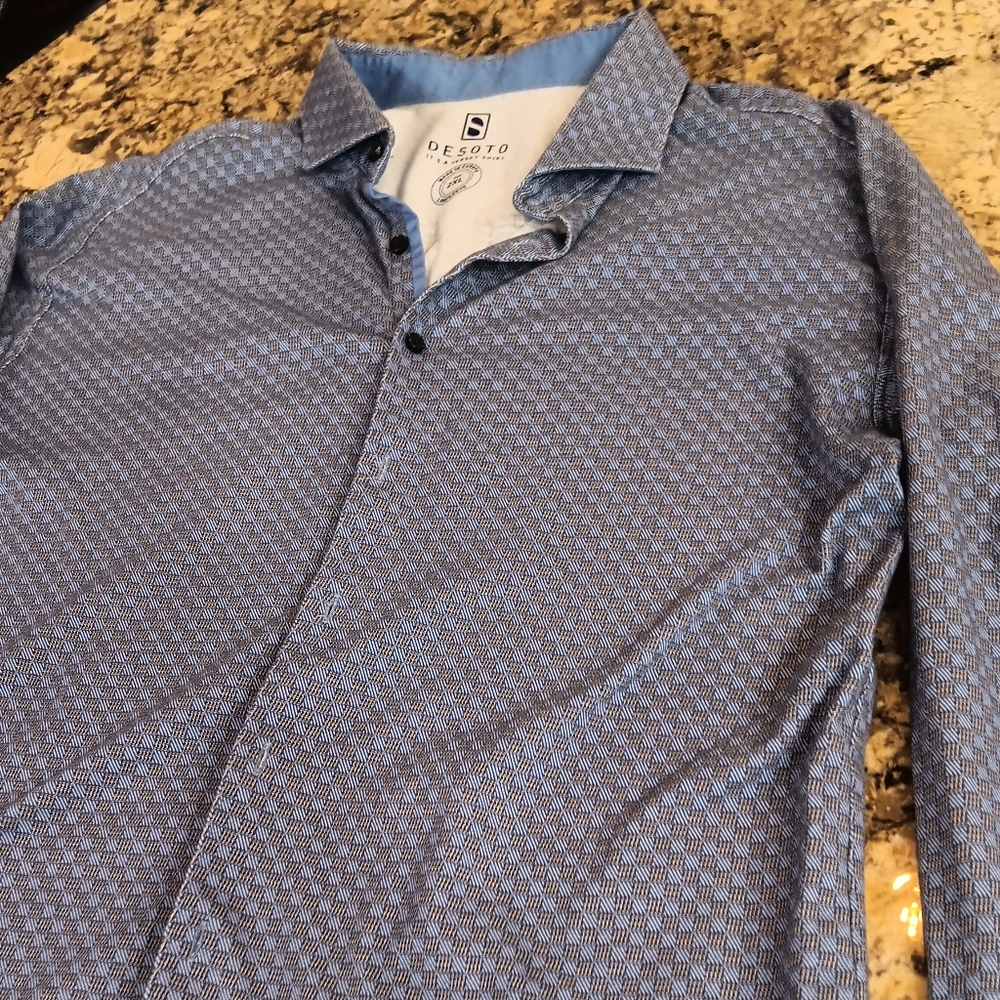🔵 DESOTO Blue Patterned Button-Up Shirt – Premium Stretch – Slim Fit Deadstock 🔥